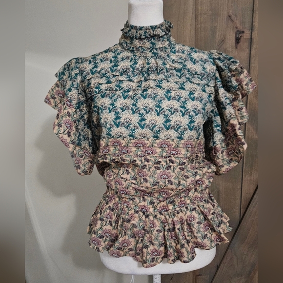 ANTHROPOLOGIE Let Me Be High-Neck Printed Peasant Blouse. Teal/mauve. XXS NWT - Picture 12 of 16